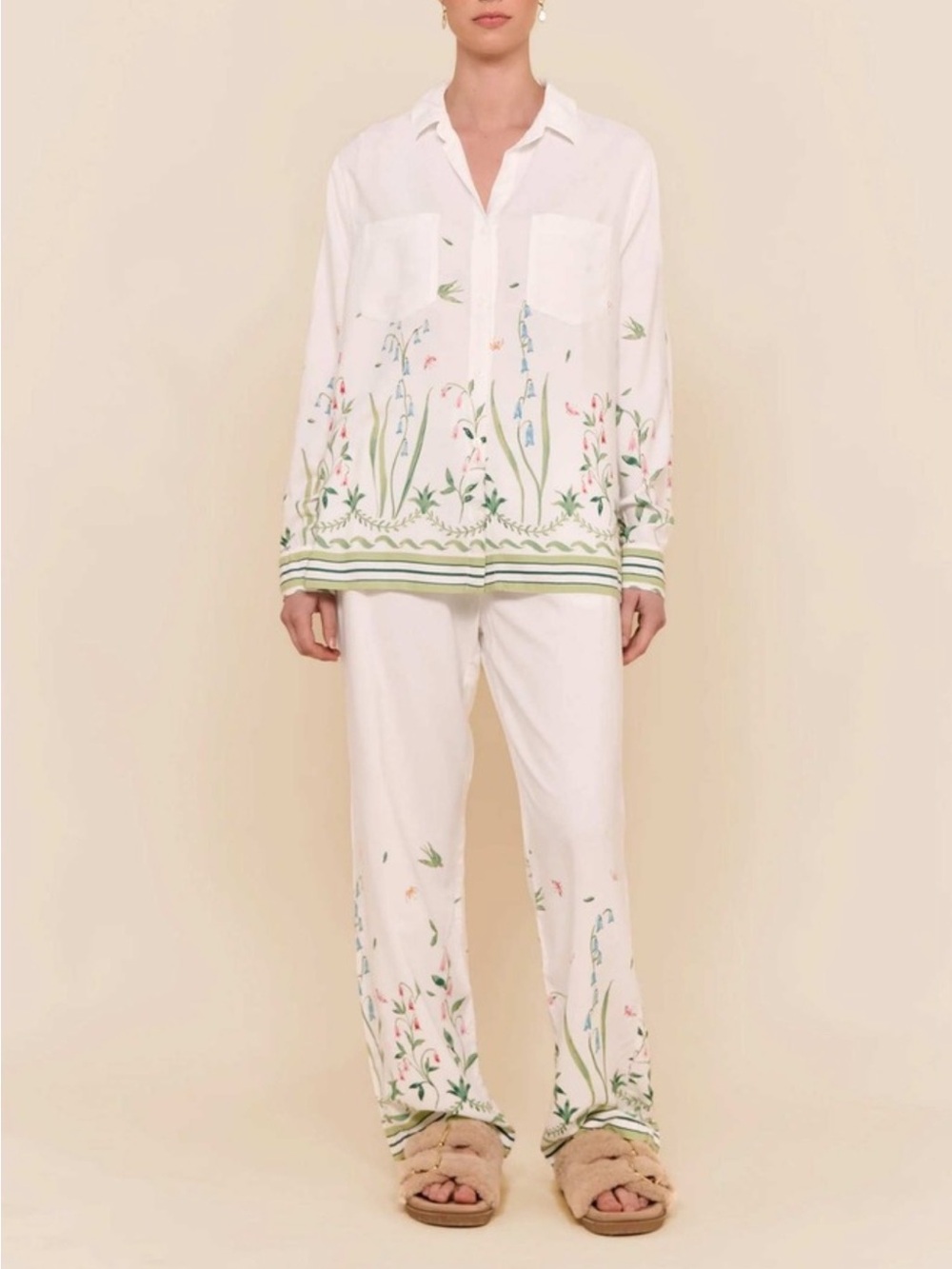 Floral Border White Women's Pajama Set